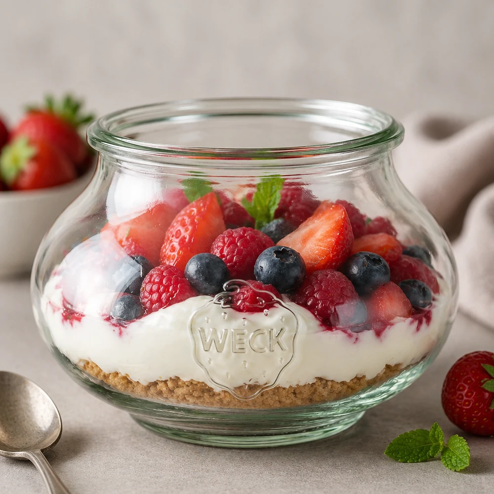 Tarro de cristal decorativo WECK RR80 de 560 ml WECK Schmuckglas 560ml RR80 als elegantes Dessertglas mit Beerenmischung und Creme für stilvolle Tischdekoration
