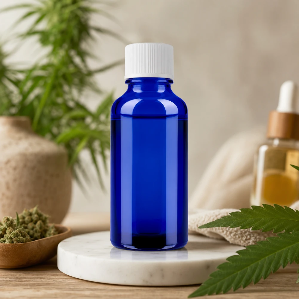 Frasco de 30 ml de vidrio de alta calidad en azul cobalto con práctica rosca de 11 mm