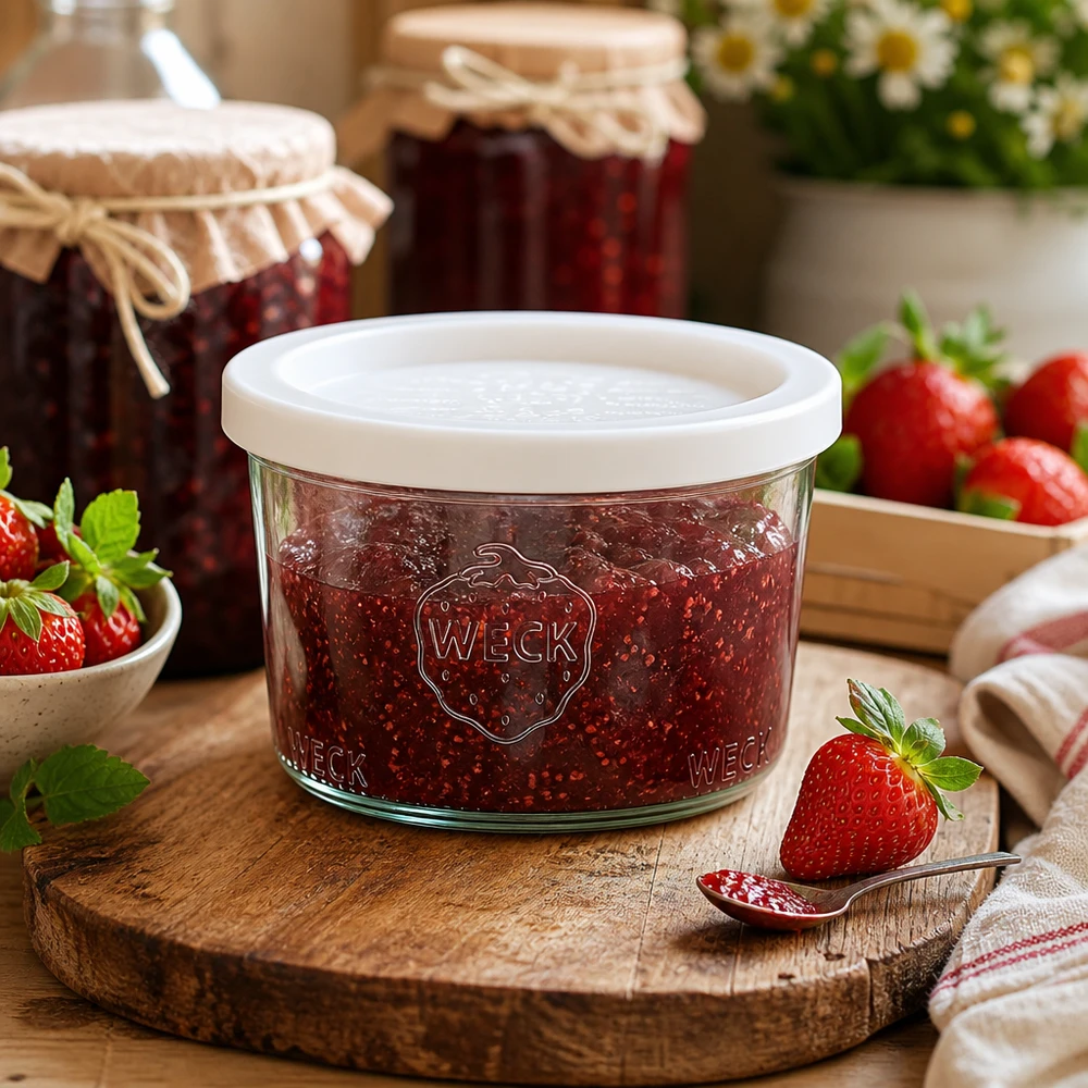 Tarro de conserva WECK RR80 de 200 ml lleno de mermelada de fresa sobre una tabla de madera rústica junto a fresas frescas