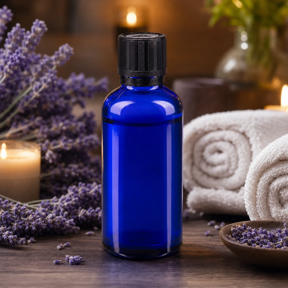 Frasco de cristal azul de 50 ml con tapón cuentagotas, entre flores de lavanda y accesorios de bienestar