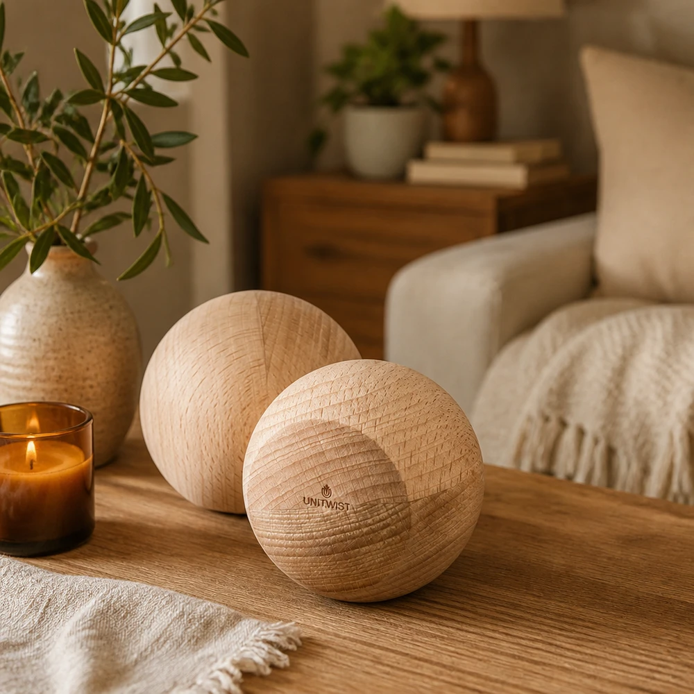 UNiTWIST bola de madera (haya) para WECK RR80 Chucherías de madera de haya UNiTWIST en un ambiente acogedor - decoración con estilo sobre una mesa de madera junto a una vela