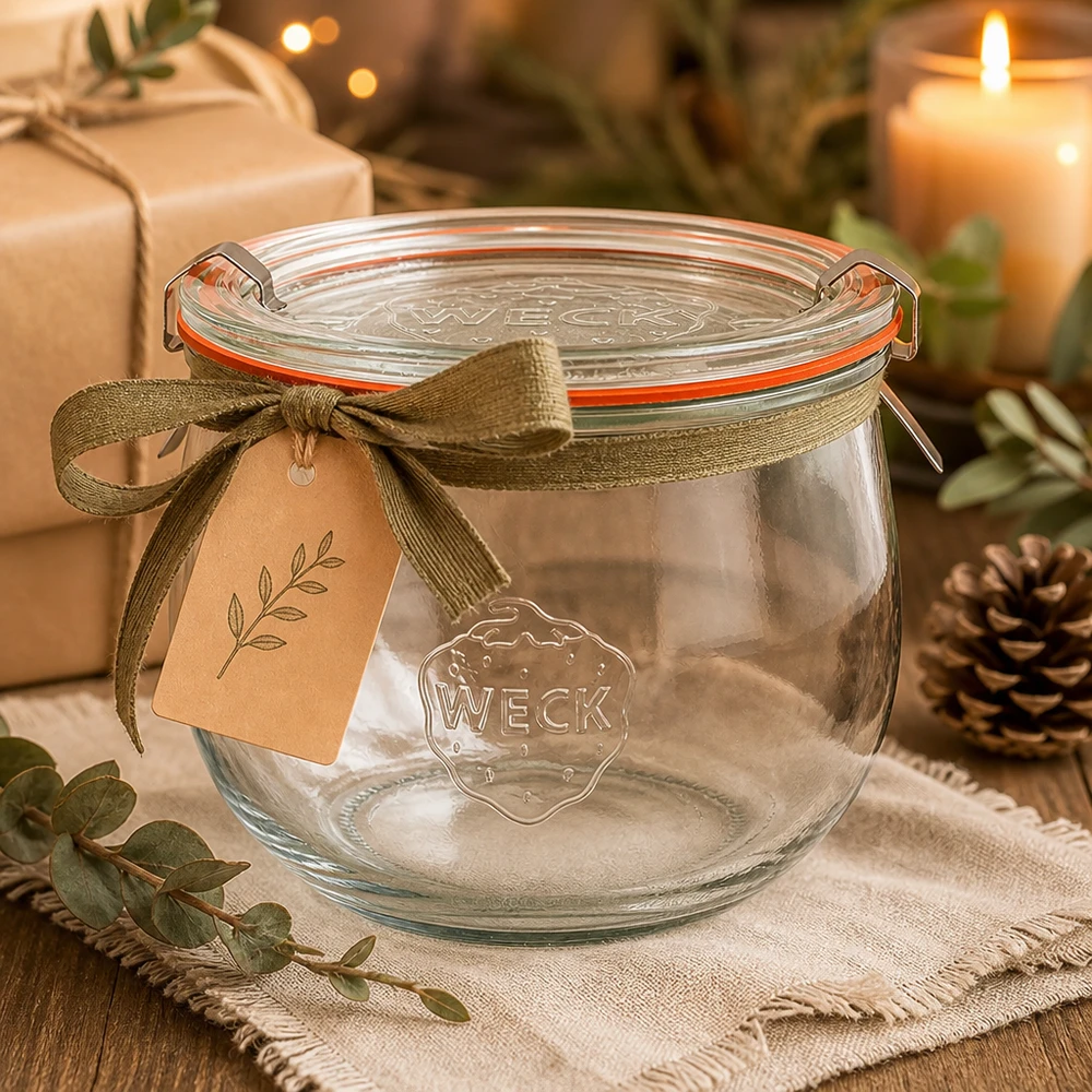 Tarro de tulipán de 580 ml completo WECK RR100 Tarro tulipán WECK 580ml RR100 vacío como idea de regalo con cinta y etiqueta en una acogedora decoración navideña