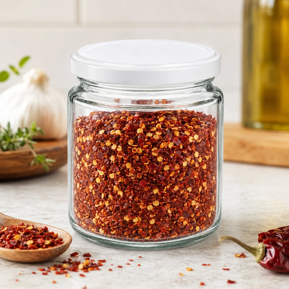 Tarro de miel de 250 ml con tapa blanca BasicSeal relleno de copos de especias de guindilla roja en una escena de cocina mediterránea.