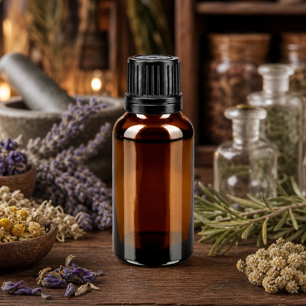 Botella de farmacia marrón 20ml tapón de rosca negro anillo de vertido cierre inviolable Frasco de cristal de 20 ml de color ámbar con tapón negro de plástico, rodeado de lavanda y hierbas medicinales