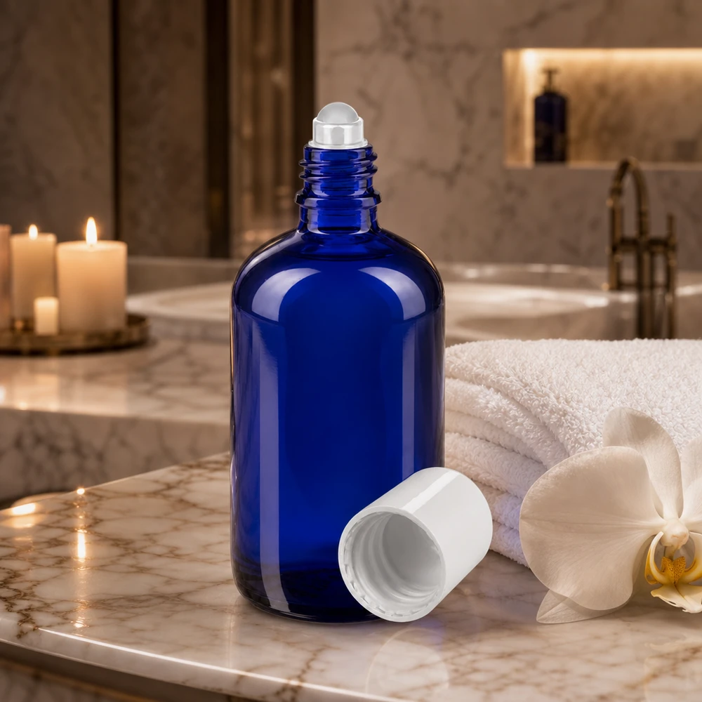 Elegante frasco de farmacia azul de 100 ml con aplicador de bola, junto a unas toallas blancas y una orquídea