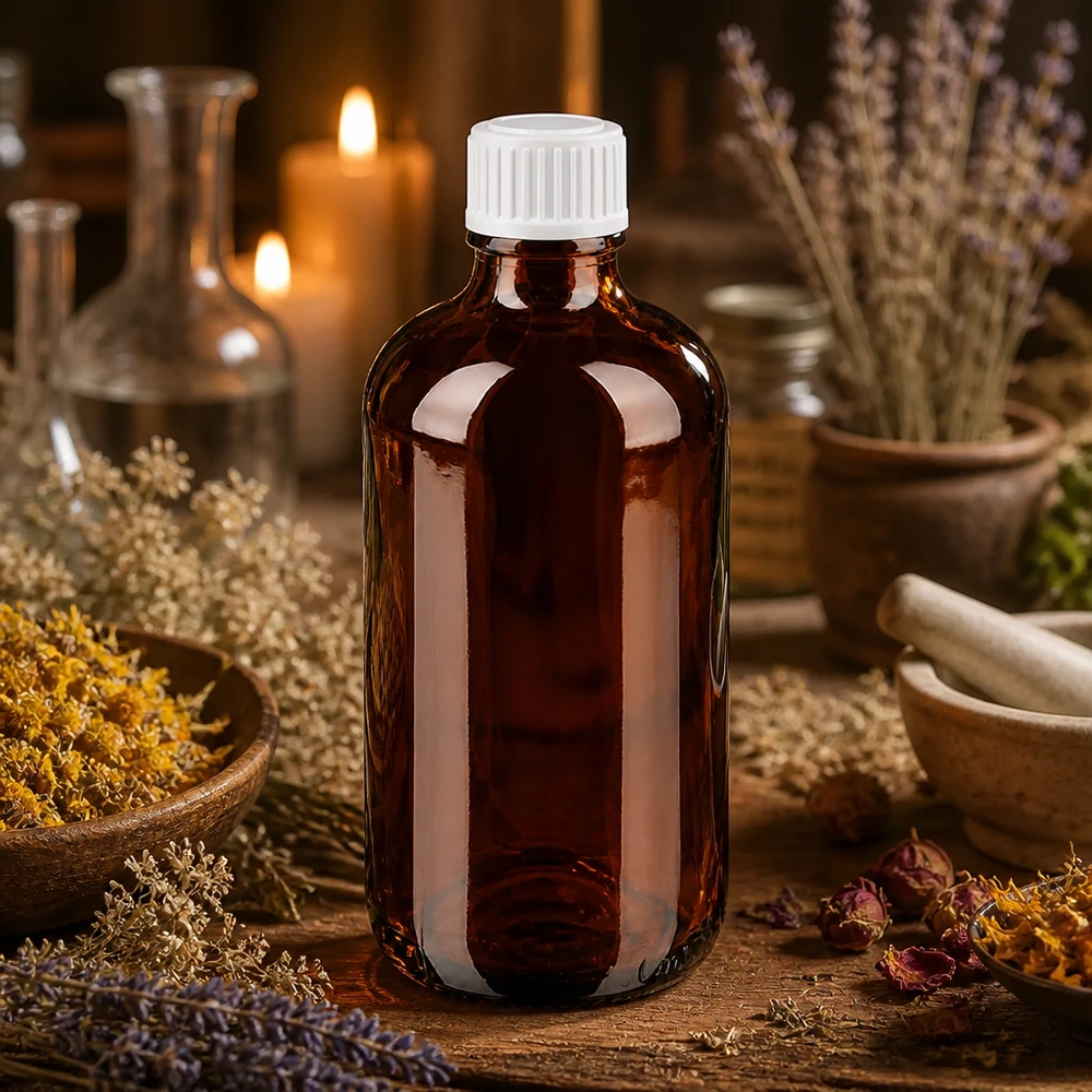 Botella de farmacia marrón 100ml tapón rosca blanco estándar Frasco de farmacia de 100 ml de color ámbar con tapón de rosca blanco, rodeado de hierbas medicinales secas