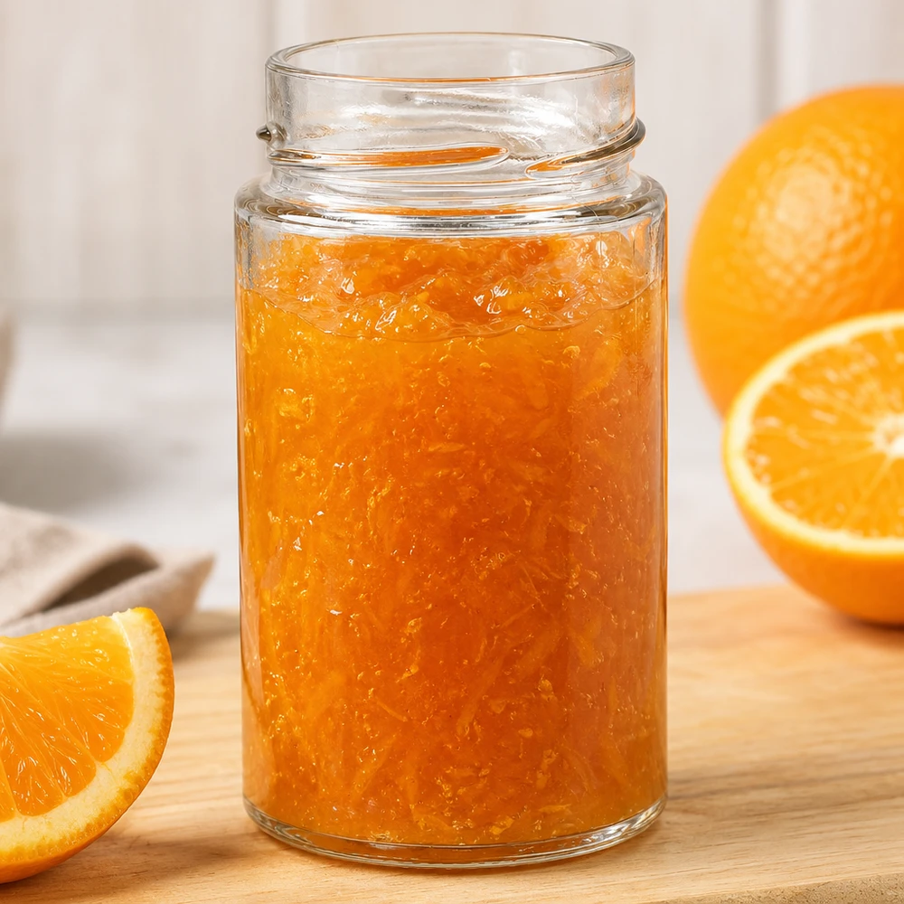 UNiTWIST Runda245 vaso redondo de 245 ml lleno de mermelada de naranja sobre una tabla de madera junto a rodajas de naranja fresca