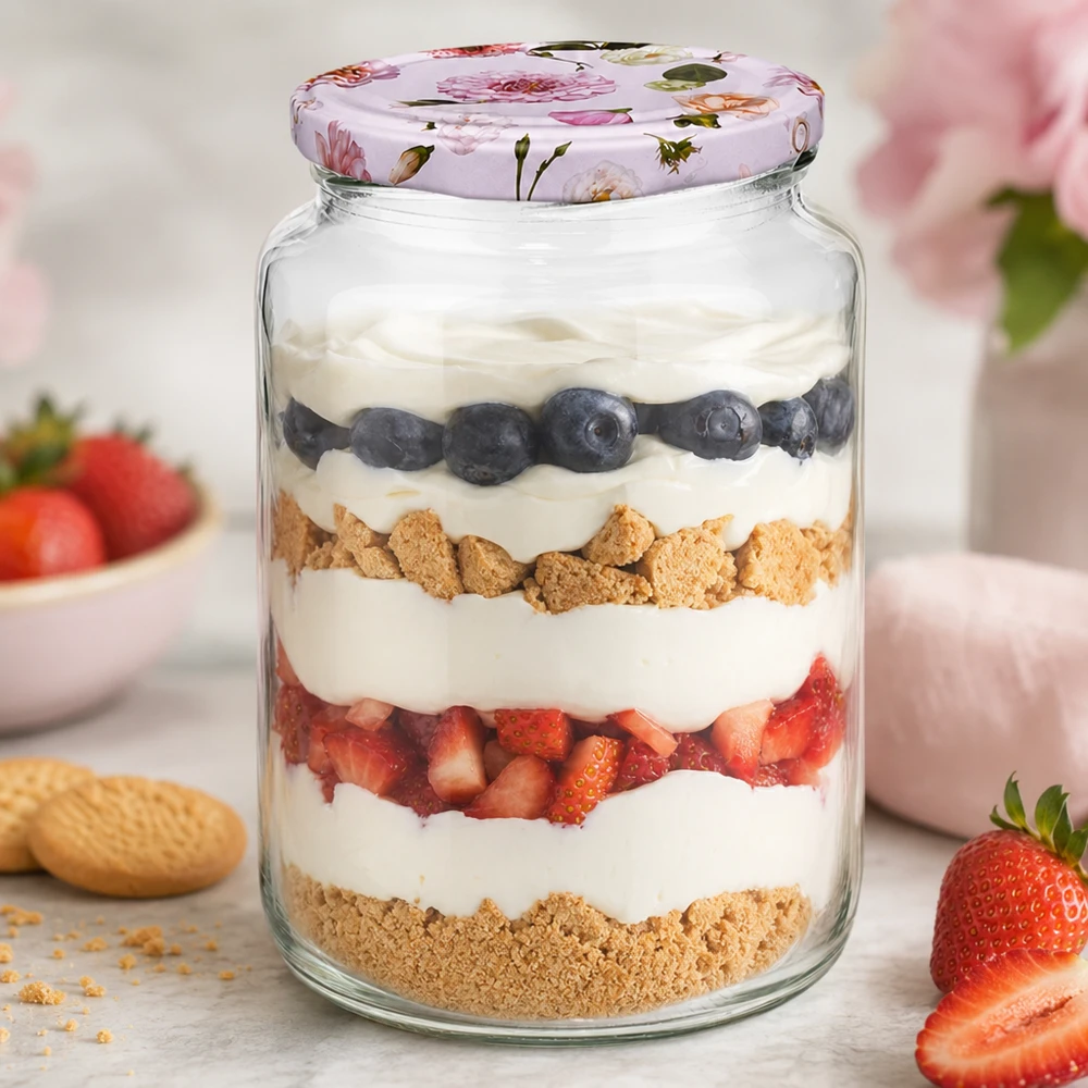 Tarro redondo de 795 ml + tapa BasicSeal rosa flor UNiTWIST 795ml tarro redondo con capas postre yogur bayas galletas tapa BasicSeal flores rosas tarro postre cocina