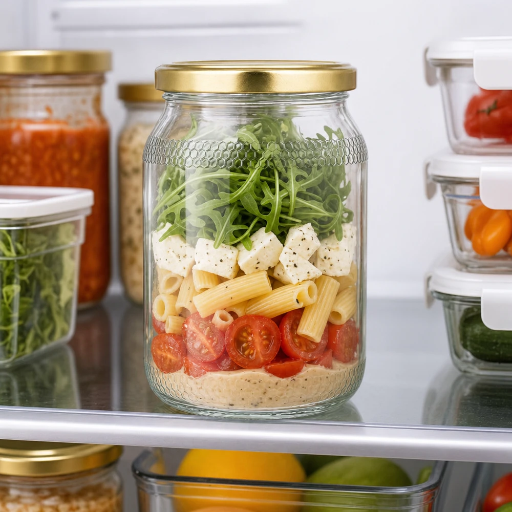 Tarro de miel de 900 ml como recipiente de preparación de comidas en el frigorífico - tapa dorada para guardar ensaladas y hacer acopio de alimentos