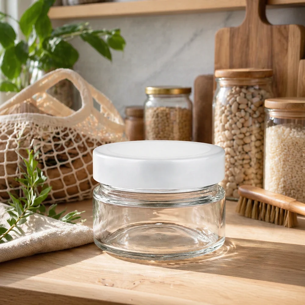 Tarro redondo de 80ml con tapa BasicSeal blanco profundo UNiTWIST 80ml Rundglas mit BasicSeal Deckel auf Holzbrett in nachhaltiger Zero-Waste-Küche mit Vorratsglasern