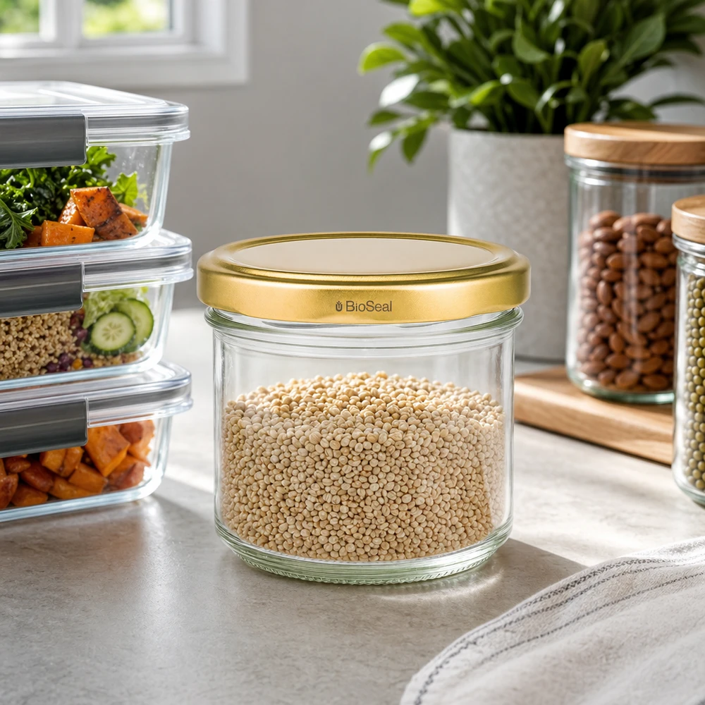 UNiTWIST Tarro de 125 ml relleno de quinoa - tapa dorada TO66 en cocina moderna con cajas de preparación de comidas