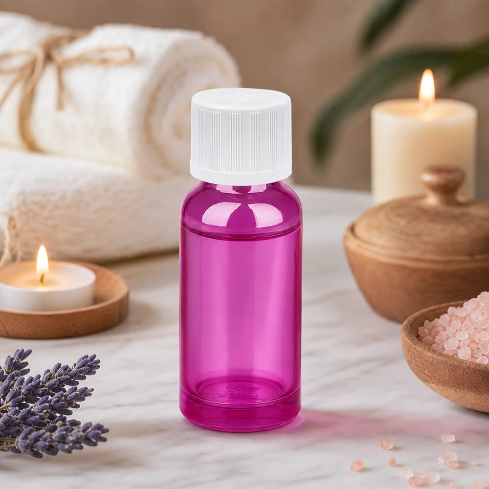Frasco cuentagotas de 20 ml de color morado con tapón estándar para aplicaciones de aromaterapia y productos de bienestar