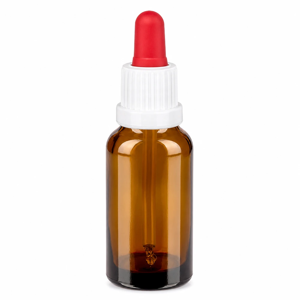 Frasco pipeta de 20 ml marrón con tapón blanco y pipeta roja para una dosificación precisa