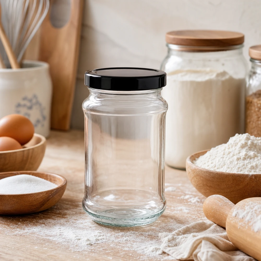 Tarro redondo de 390 ml con tapa negra BasicSeal en la cocina con ingredientes de repostería - tarro de almacenamiento versátil para harina y co