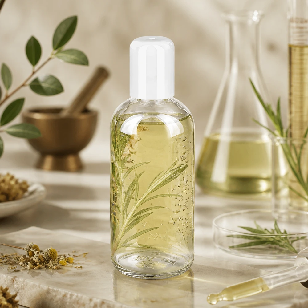Frasco roll-on de 100 ml con ramitas de romero y extracto de hierbas en un envase de PET transparente