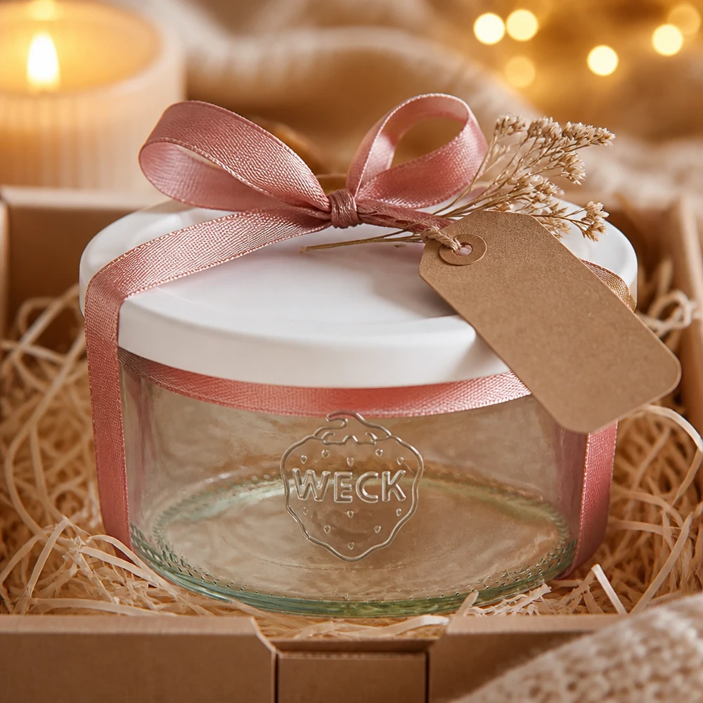 Vaso de 165ml con tapa de frescura WECK RR80 Vaso WECK 165ml RR80 de regalo decorado con lazo rosa y etiqueta de papel kraft en embalaje rústico