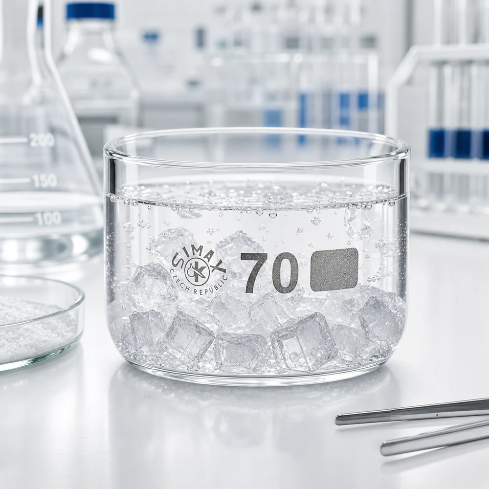 Cristalizador 100ml sin pico borosilicato ø70mm Recipiente de cristalización de 100 ml lleno de cubitos de hielo en un laboratorio, sobre una encimera blanca