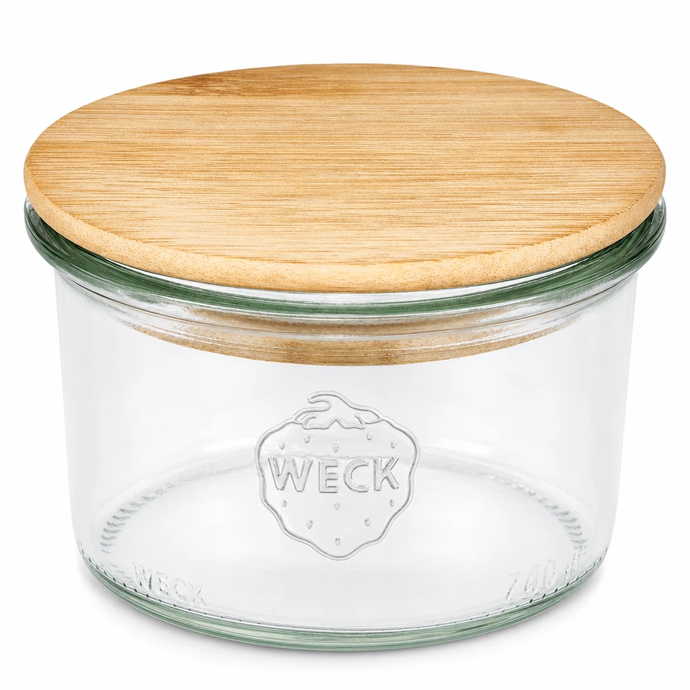 Vaso de 200ml WECK RR80 con tapa de madera WECK 200ml RR80 mason jar con tapa de madera de bambú Tarro redondo transparente para cocina y almacenaje