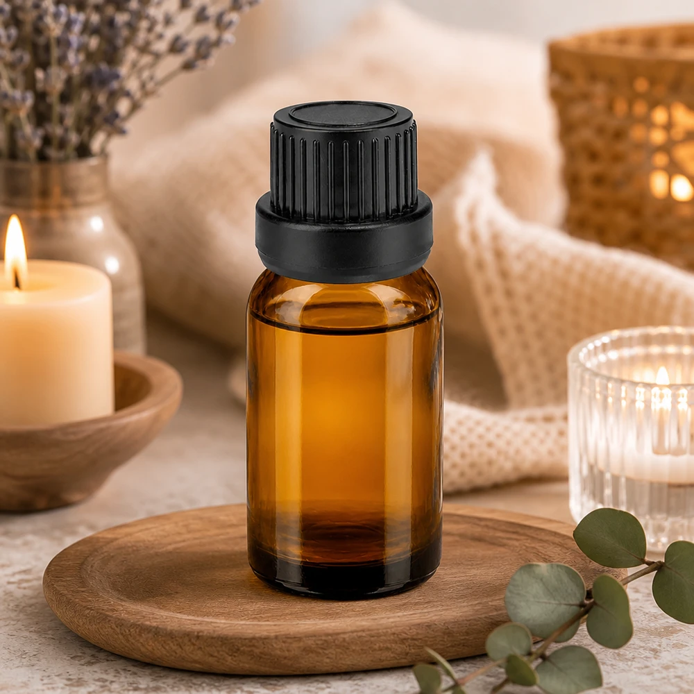 Frasco de vidrio ámbar de 10 ml con tapón de rosca negro estriado para una dosificación precisa