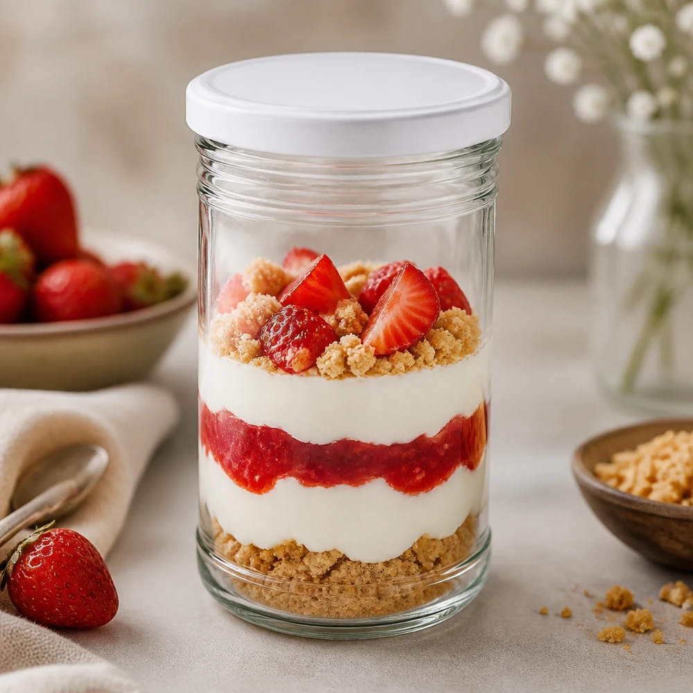Vasos de 1053ml como tarro de postre con capas de fresa y nata BasicSeal tapa blanco postre en tarro