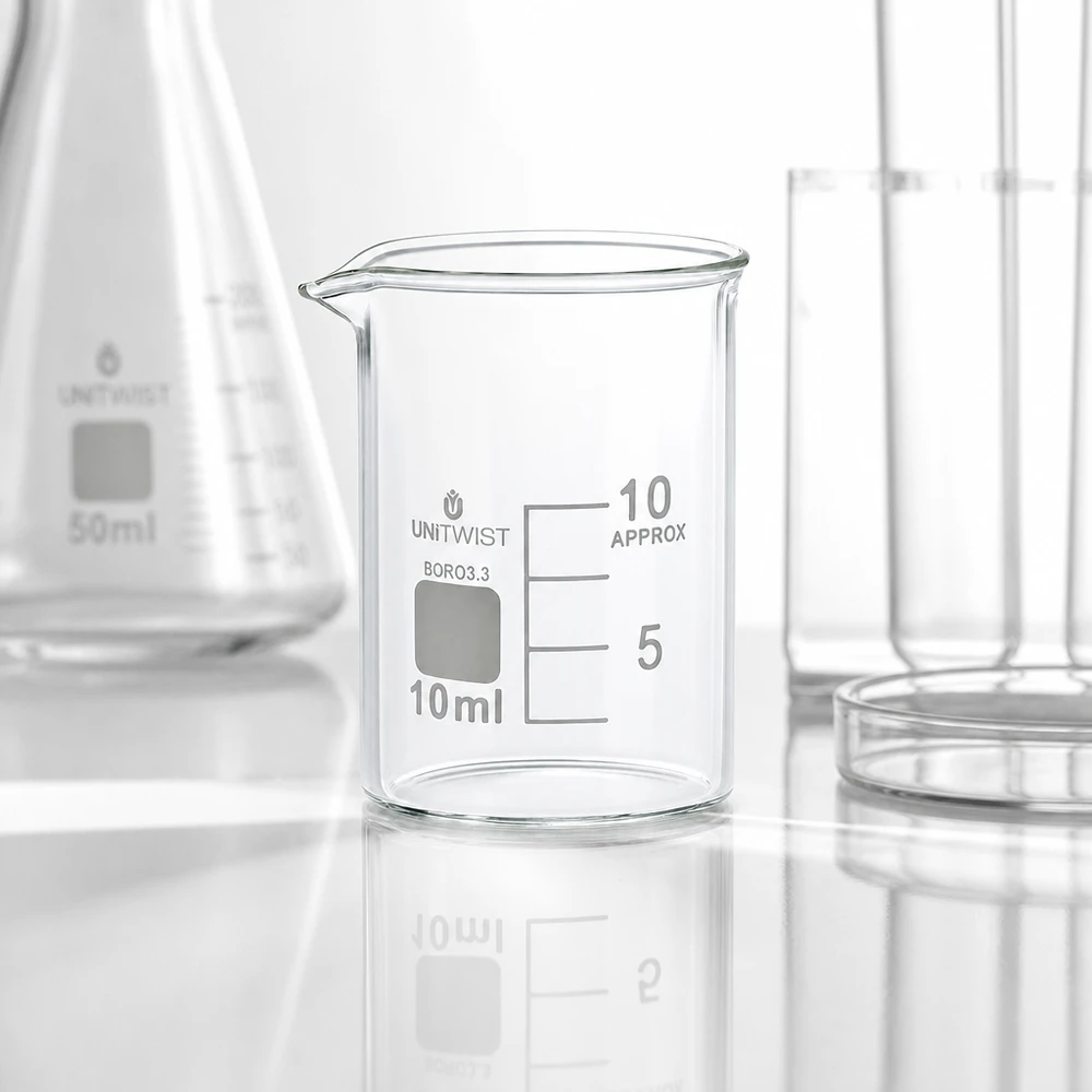 Vaso 10ml borosilicato, molde bajo UNiTWIST Vaso de vidrio UNiTWIST de 10 ml, de perfil bajo, fabricado en vidrio borosilicato 3.3 resistente al calor, con pico vertedor