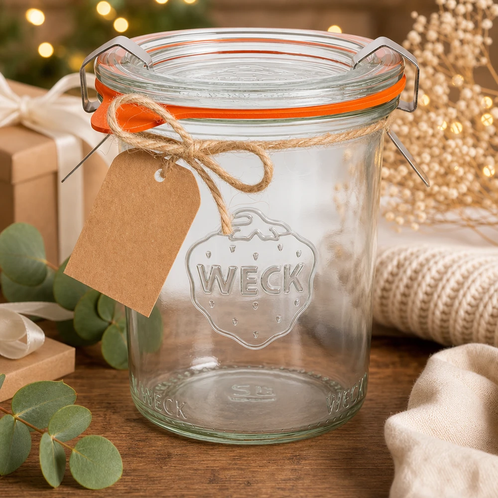 Vaso de 160ml completo WECK RR60 Tarro de albañil WECK 160ml RR60 como idea de regalo decorado para Navidad con una etiqueta de papel kraft y cinta de yute