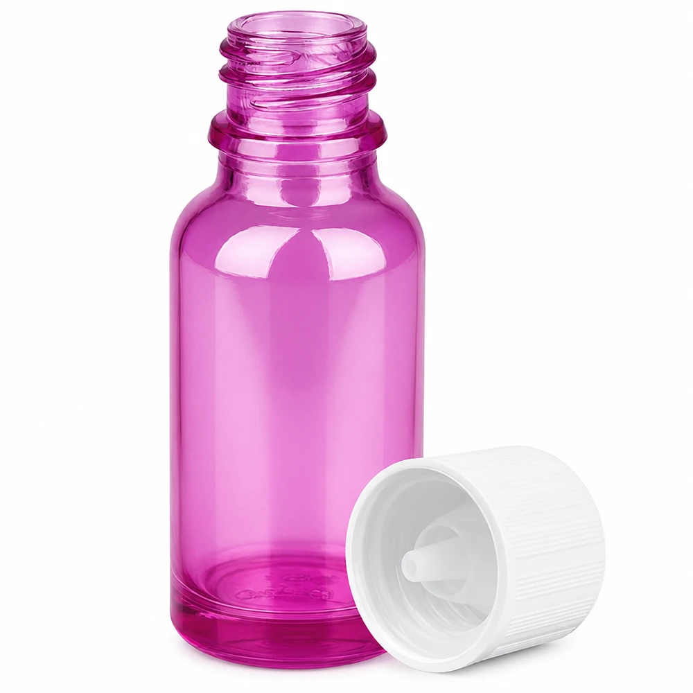 Pequeño frasco gotero de vidrio violeta de 20 ml con práctico cuentagotas para aceites esenciales