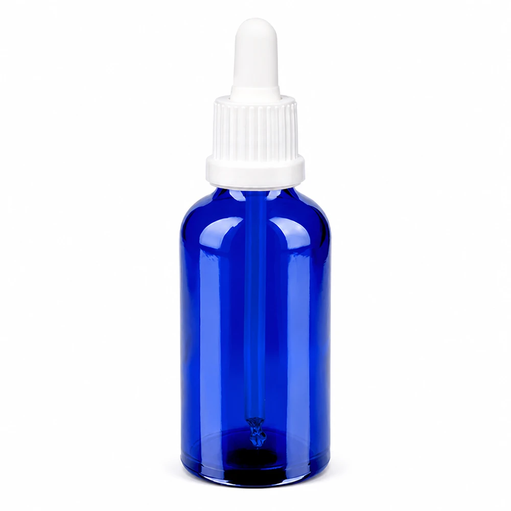 Frasco pipeta 50ml tapón inviolable blanco BlueLine UT18/50 Frasco pipeta de 50 ml azul con tapón blanco OV BlueLine UT18/50 para una dosificación precisa