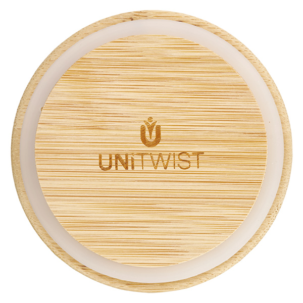 Vaso de 200ml WECK RR80 con tapa de madera Tapa de bambú RR80 desde arriba con logotipo UNITWIST y veta de madera visible para tarros de conserva WECK de 80 mm de diámetro