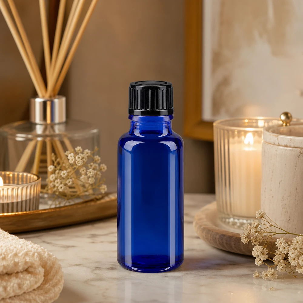 Frasco de cristal azul cobalto de 20 ml con tapón estándar negro de 11 mm para aromaterapia