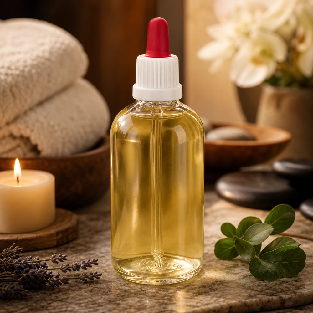 Frasco pipeta 100ml blanco/rojo cierre inviolable ClearLine UT18/100 Frasco de pipeta de cristal transparente de 100 ml con tapón dosificador blanco y bola roja para aceites y sueros