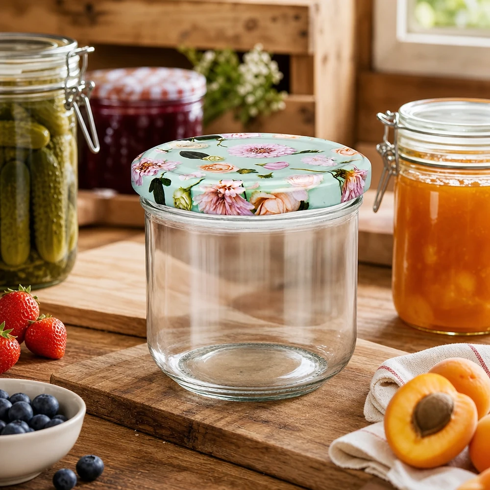 Vasos de 260 ml + tapa BasicSeal flor menta UNiTWIST tarro mason de 260 ml vacío con tapa de flor BasicSeal menta entre tarros de conserva en cocina rústica con fruta fresca