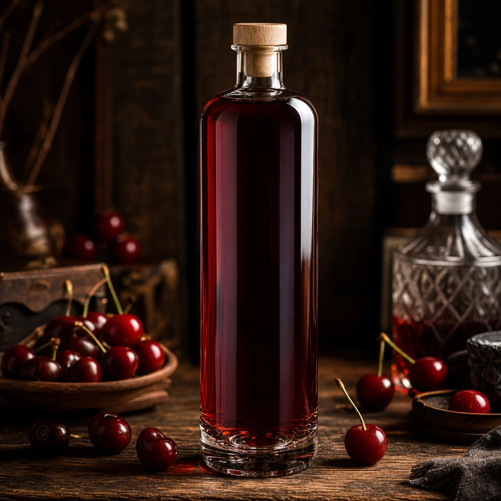 Botella de cristal de 700 ml de Ella rellena de licor de cereza y tapón de madera en un elegante ambiente de destilería con cerezas frescas