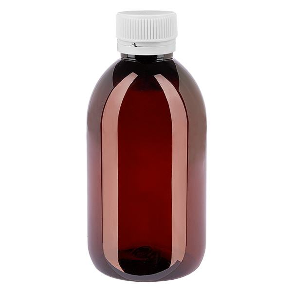 Botella PET 250ml con tapón de seguridad blanco, estriado Botella PET 250ml con tapón de seguridad blanco, estriado