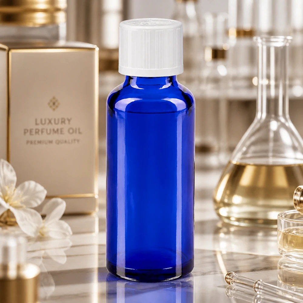 Botella de farmacia azul 30ml tapón de rosca blanco a prueba de niños estándar Frasco de laboratorio de 30 ml de cristal azul cobalto con tapón de seguridad para niños de color blanco, en un entorno de laboratorio