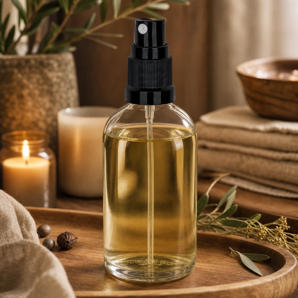 Frasco pulverizador de 100 ml negro/transparente tapón estándar ClearLine UT18/100 Botella pulverizadora para aromaterapia de 100 ml de cristal con aceite dorado y pulverizador negro «Wellness Ambiente»