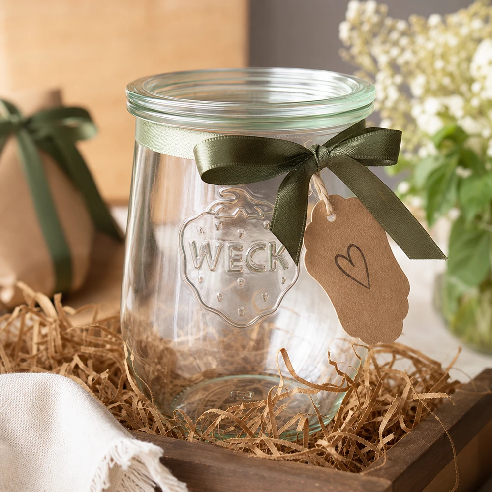 WECK tarro tulipán 1062ml RR100 tapa cristal caja regalo lazo verde colgante material artesanal decoración