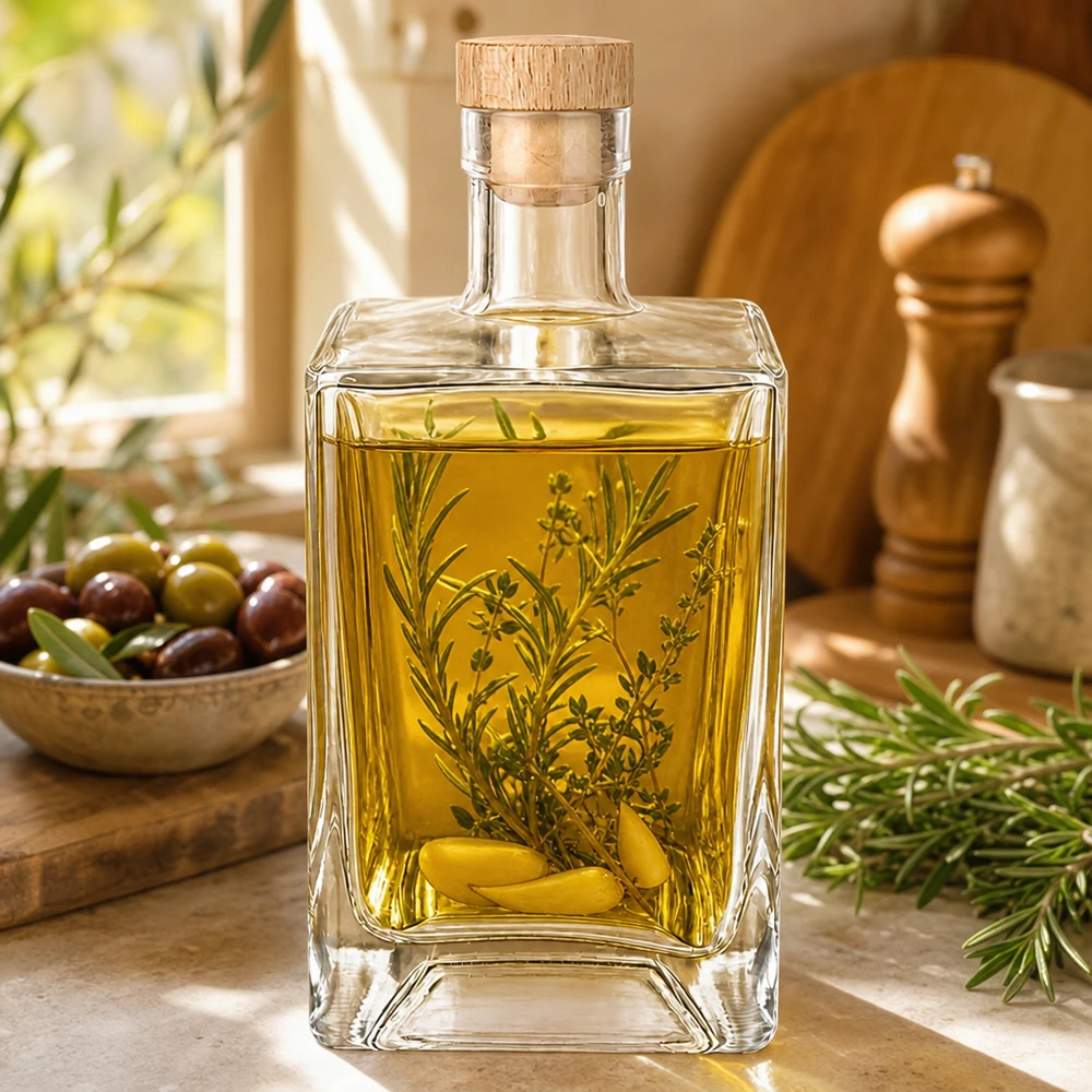 Botella de vidrio de 700 ml Ben rellena de aceite de oliva hierbas cocina mediterránea romero ramita aceitunas corcho de madera UNiTWIST