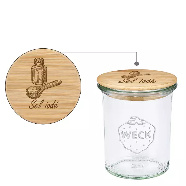 Couvercle en bois "Sel iodé" avec WECK verre plongeant 160ml Couvercle en bois "Sel iodé" avec WECK verre plongeant 160ml