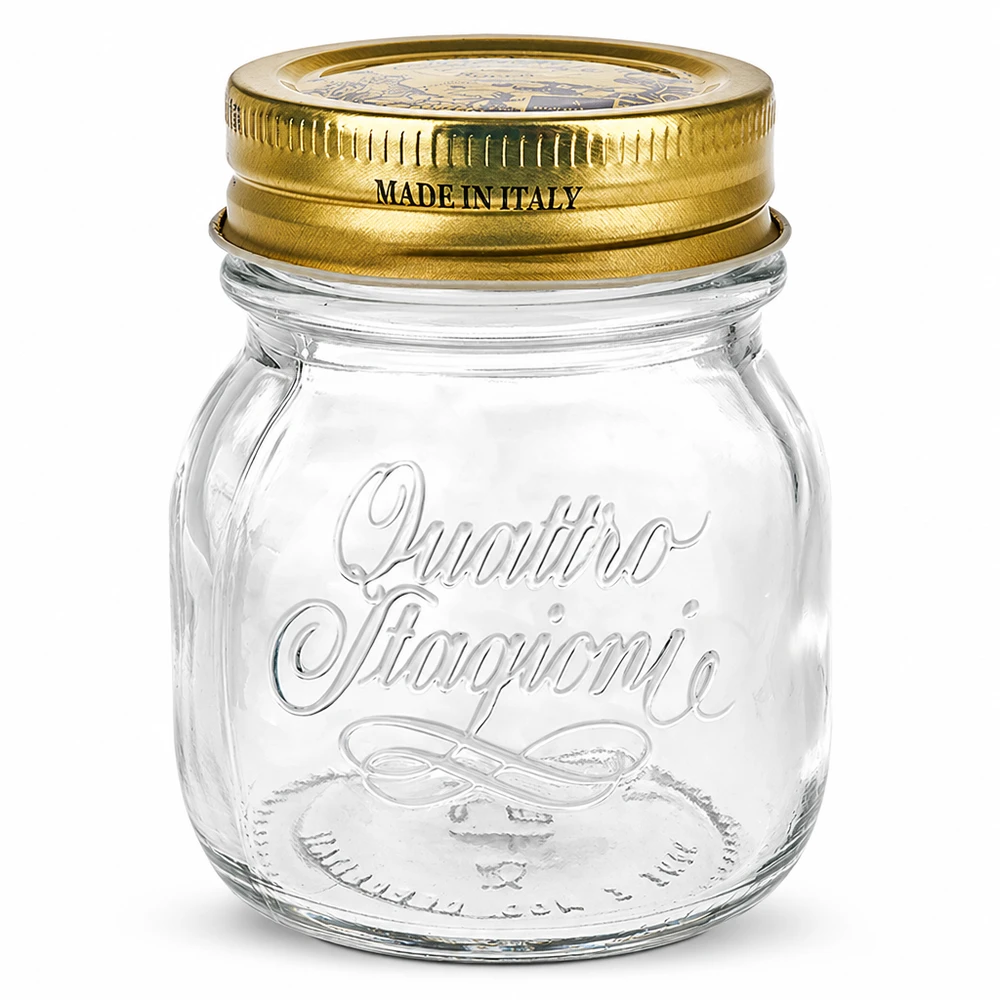 Tarro redondo de 150 ml "Quattro Stagioni" con tapa Tarro redondo de 150 ml Quattro Stagioni con tapa dorada Made in Italy para conservas y enlatado