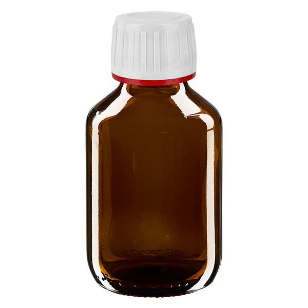 Frasco medicamento 100ml marrón, tapón blanco con anillo precinto rojo ApoGlas Frasco medicamento 100ml marrón, tapón blanco con anillo precinto rojo ApoGlas
