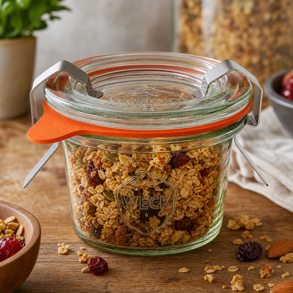 Vaso de 35ml completo WECK RR40 WECK 35ml RR40 mason jar lleno de muesli y frutos secos muestra su uso versátil como tarro de almacenamiento