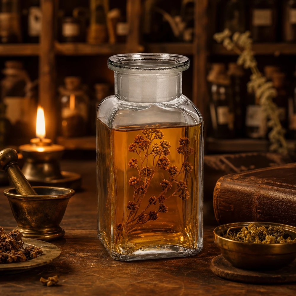 Botella cuadrada 100 ml tapón de vidrio transparente de cuello ancho Frasco de farmacia de 100 ml, de cuello ancho, cuadrado y transparente, con extracto de hierbas, en un entorno histórico de farmacia