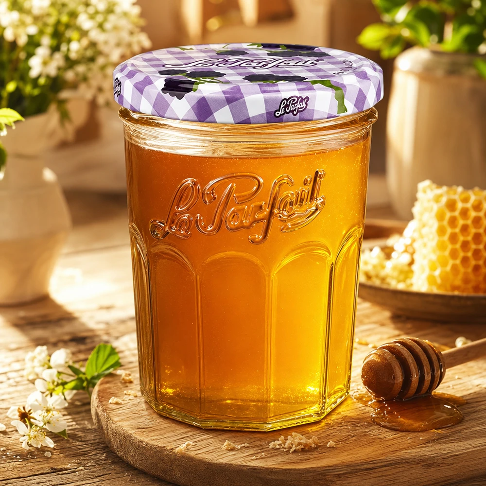 Vasos Le Parfait de 385 ml llenos de miel junto a un panal y una cuchara de miel sobre una tabla de madera en un ambiente cálido
