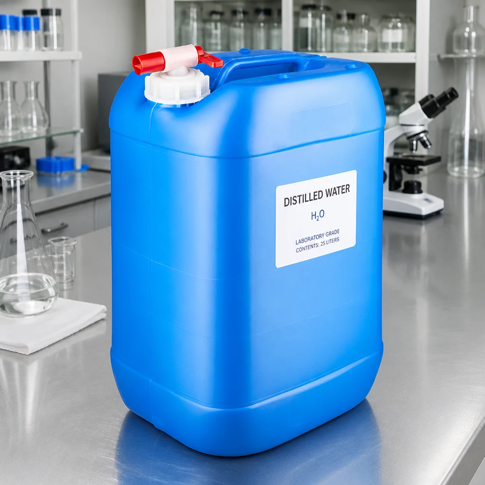 Bidón resistente de 25 litros, de color azul, con un práctico grifo de salida para aplicaciones de laboratorio