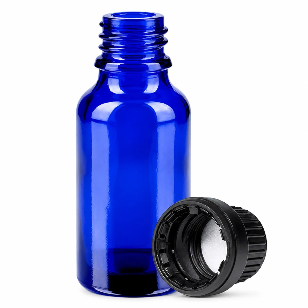 Botella 20ml 11mm tapón rosca negro cierre inviolable BlueLine UT18/20 Frasco de vidrio azul cobalto de 20 ml con rosca y tapón negro para aromaterapia
