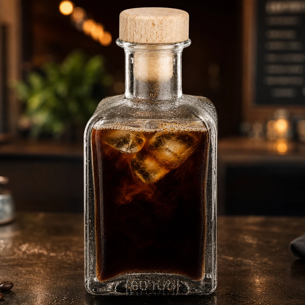 Botella de cristal de 200 ml Clara llena de café cold brew cubitos de hielo tapón de madera iluminación ambiental ambiente de cafetería
