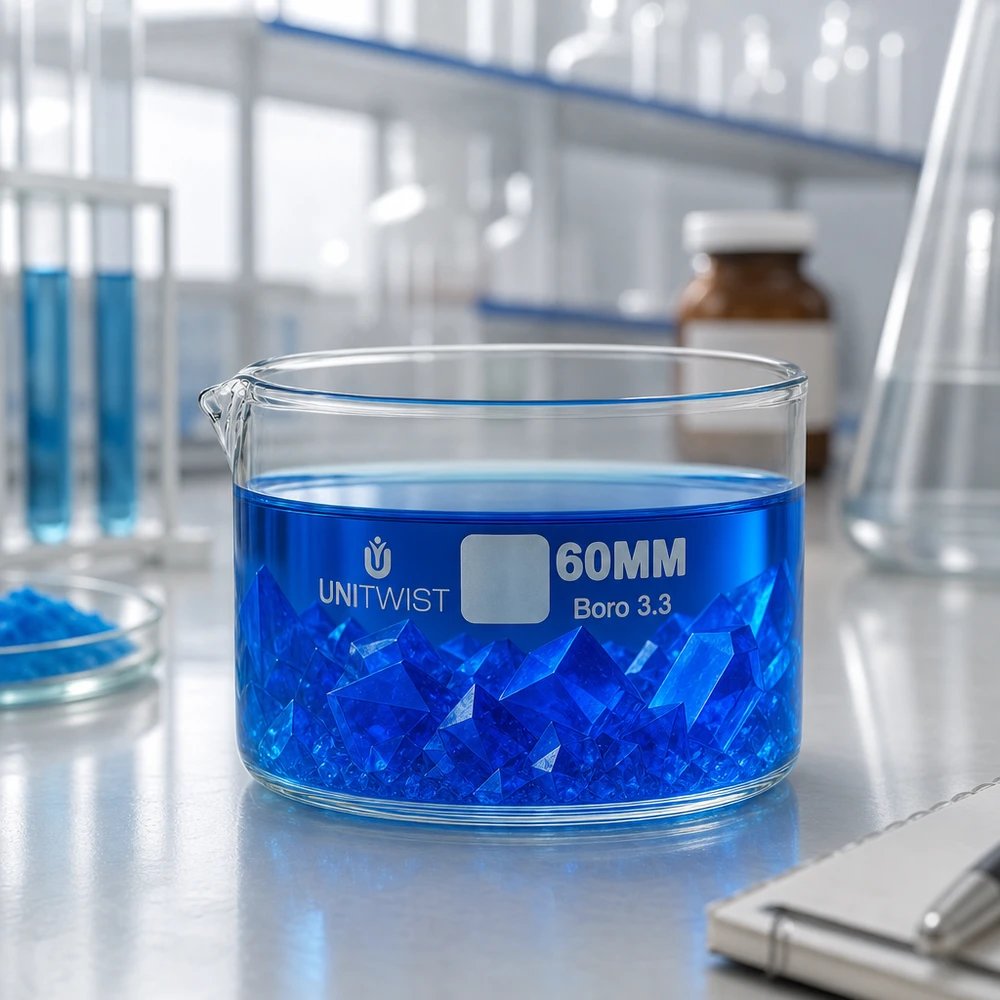 Plato cristalizador ø60mm vidrio borosilicato UNiTWIST Bandeja de cristalización UNiTWIST de 60 mm con solución azul de sulfato de cobre y cristales para uso en laboratorio