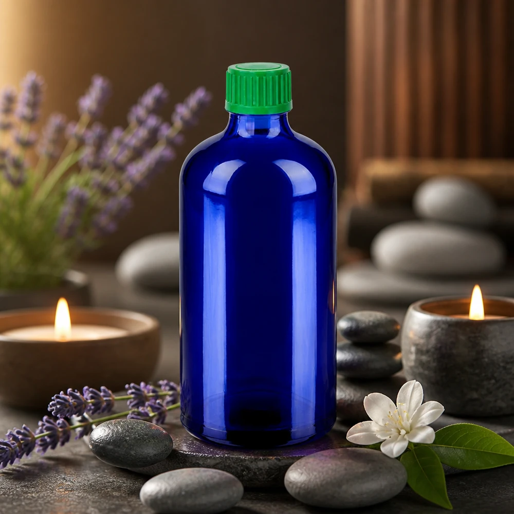 Frasco cuentagotas de 100 ml 0,8 mm verdeCierre estándar BlueLine UT18/100 Botella de vidrio azul de alta calidad de 100 ml con tapón de plástico verde para un almacenamiento seguro