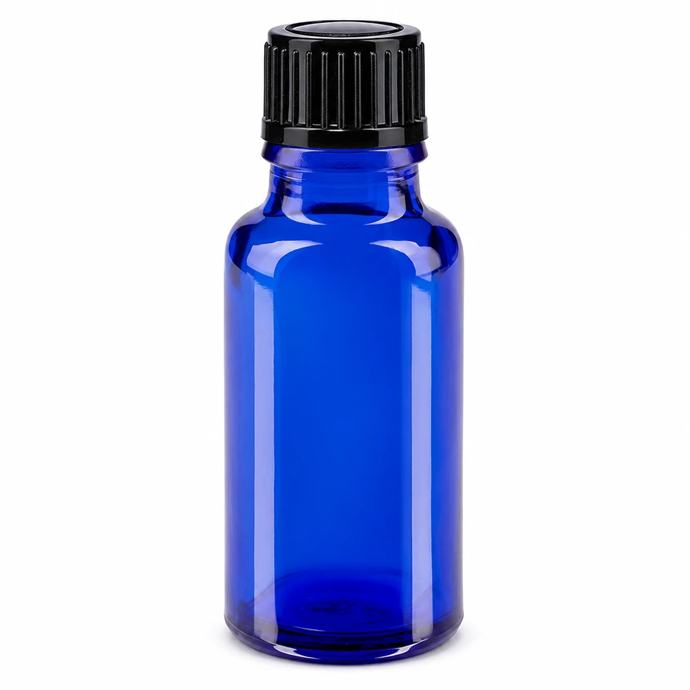 Frasco de farmacia de 20 ml, de cristal azul, con tapón de rosca negro estándar de 11 mm